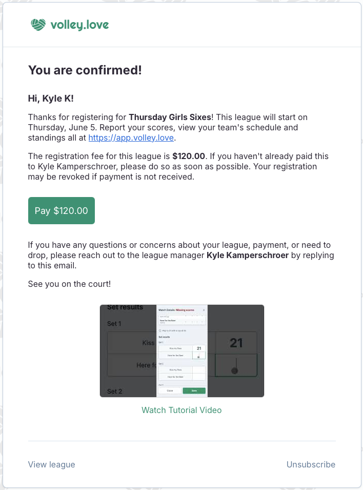 Registration confirmation email example